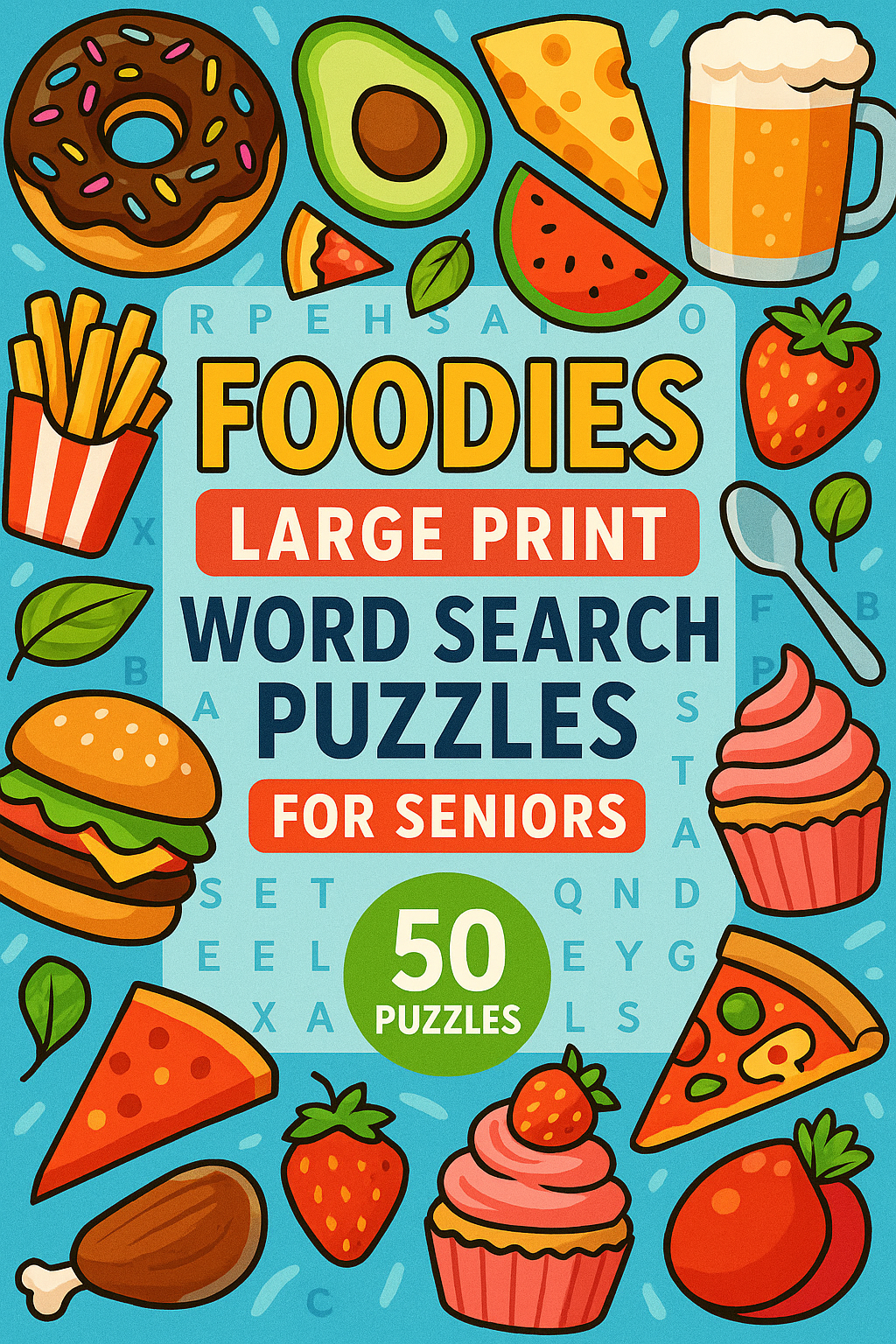 Colorful cover of a word search puzzle book titled "Foodies Large Print," featuring illustrations of various foods such as a donut, avocado, cheese, beer, fries, strawberry, burger, watermelon, cupcake, pizza slice, chicken drumstick, and other fruits and snacks.