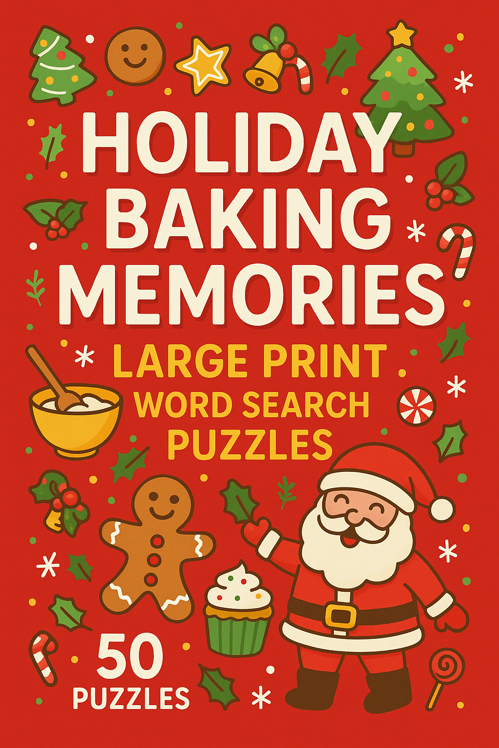 Red holiday-themed cover with illustrations of Christmas trees, gingerbread cookies, holly, candy canes, Santa Claus, and holiday treats. Text promotes holiday baking memories, large print, word search, puzzles, and mentions 50 puzzles.