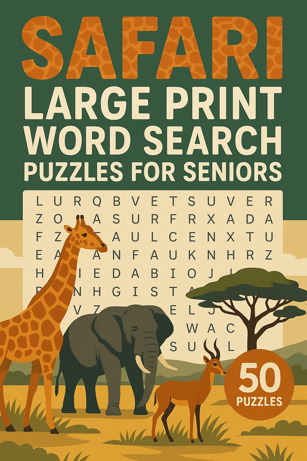 A safari-themed puzzle book cover featuring illustrations of a giraffe, elephant, and antelope in an African landscape with a tree. The cover highlights large print, word search, puzzles for seniors, and mentions 50 puzzles.