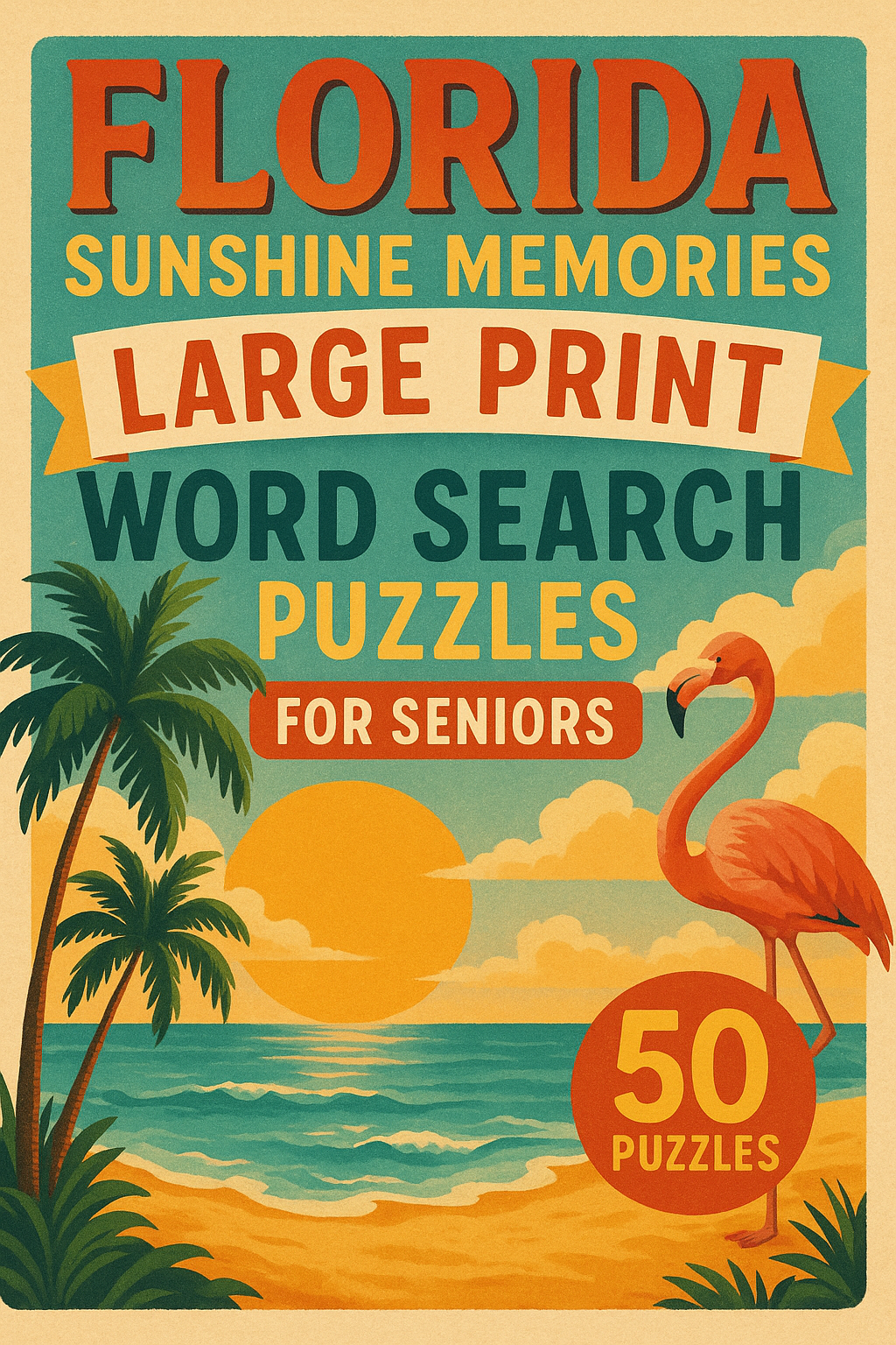 Poster with a tropical beach scene, including palm trees, a sunset, a flamingo, and text advertising large print word searches, puzzles for seniors, and a set of 50 puzzles.