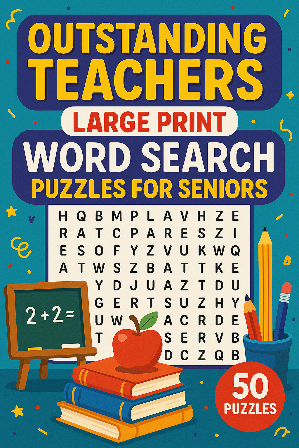 Cover of a word search puzzle book titled 'Outstanding Teachers Large Print Word Search Puzzles for Seniors', featuring a colorful background, a small chalkboard with '2+2=' written on it, a stack of books with an apple on top, and coloring supplies in a cup.