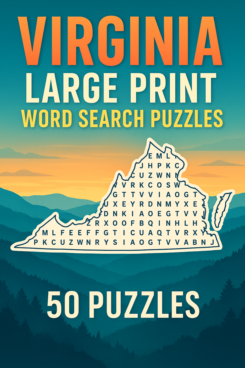 Cover of a puzzle book titled 'Virginia Large Print Word Search Puzzles' with a silhouette of the state of Virginia containing a word search grid, set against a background of mountains and a sunset sky.