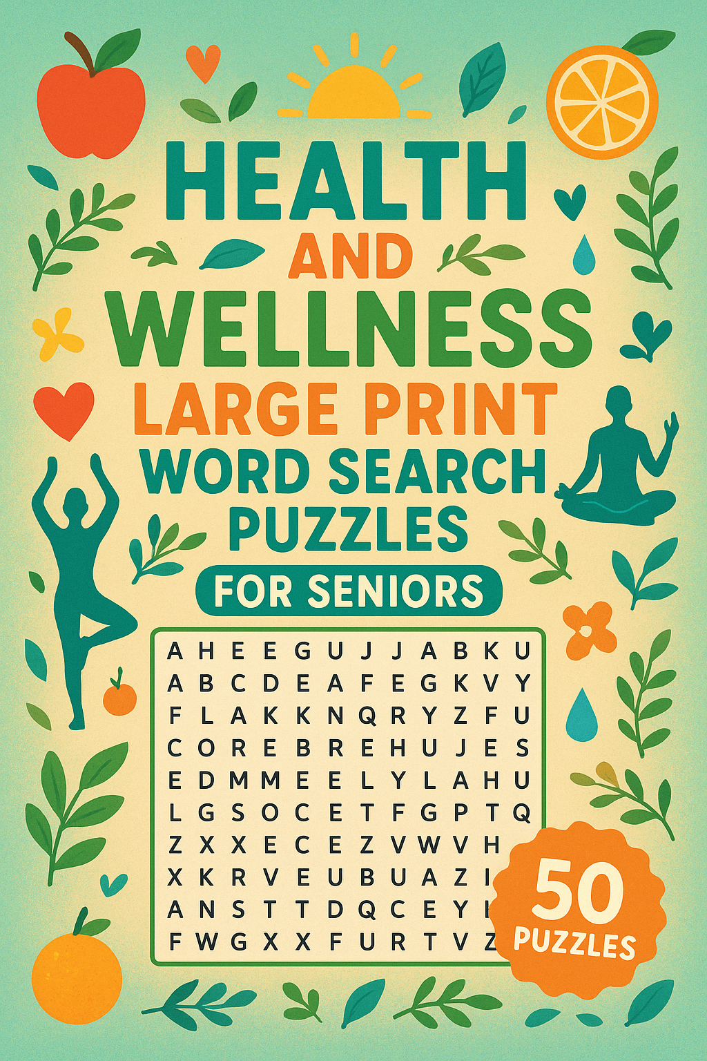 Colorful illustrated poster promoting health and wellness activities for seniors, including word search puzzles. The poster features fruits, leaves, a sun, and yoga silhouettes, with a large word search at the center and a badge indicating 50 puzzles.