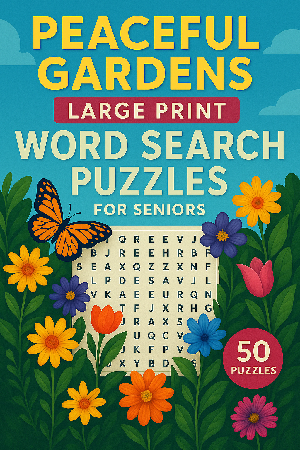 Book cover titled 'Peaceful Gardens Large Print Word Search Puzzles for Seniors,' featuring a background of colorful flowers and butterflies, with a sample word search grid and a red circle indicating 50 puzzles.