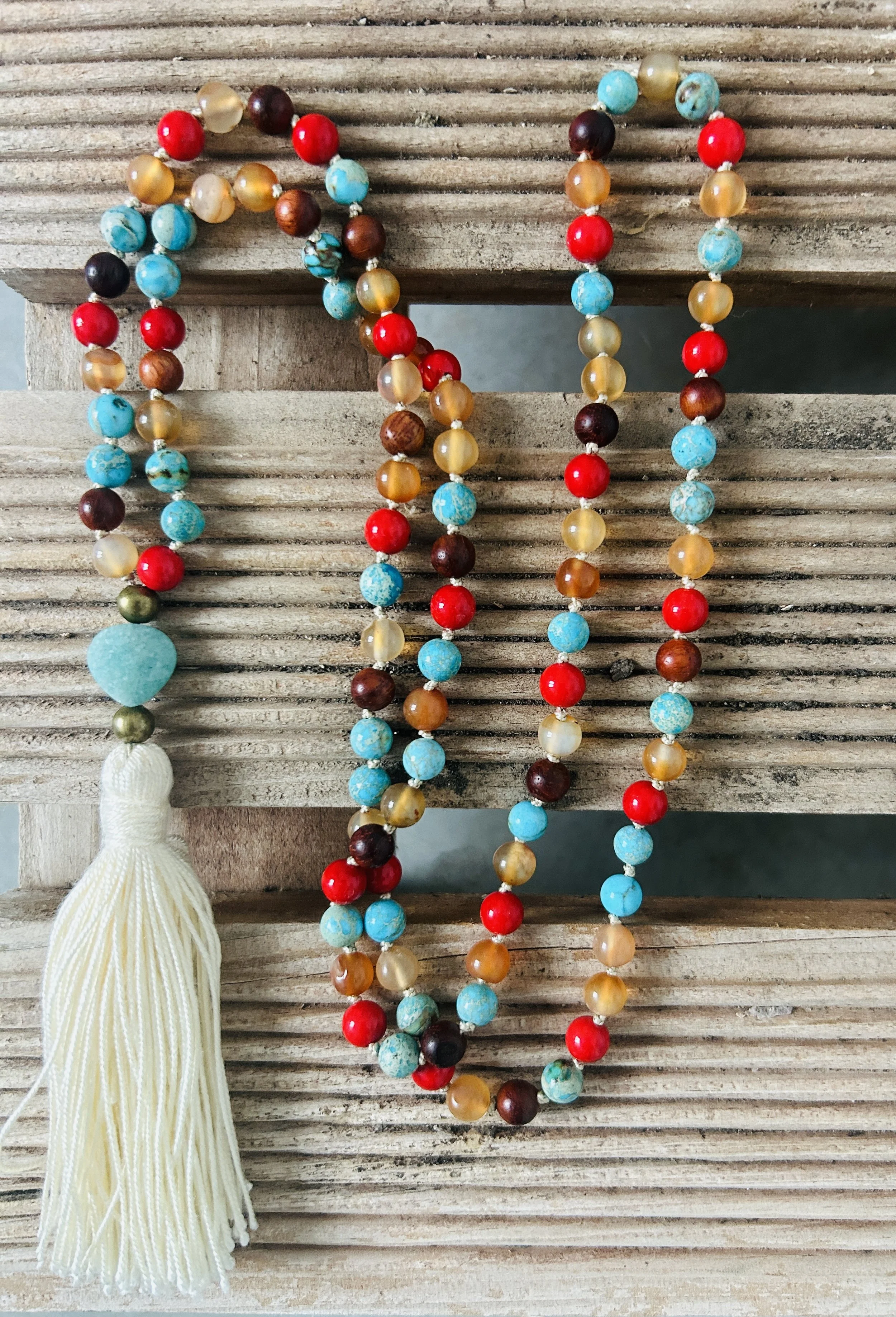 Turquoise Jasper, Red Jade, Orange Carnelian and Rosewood Mala with silk tassel