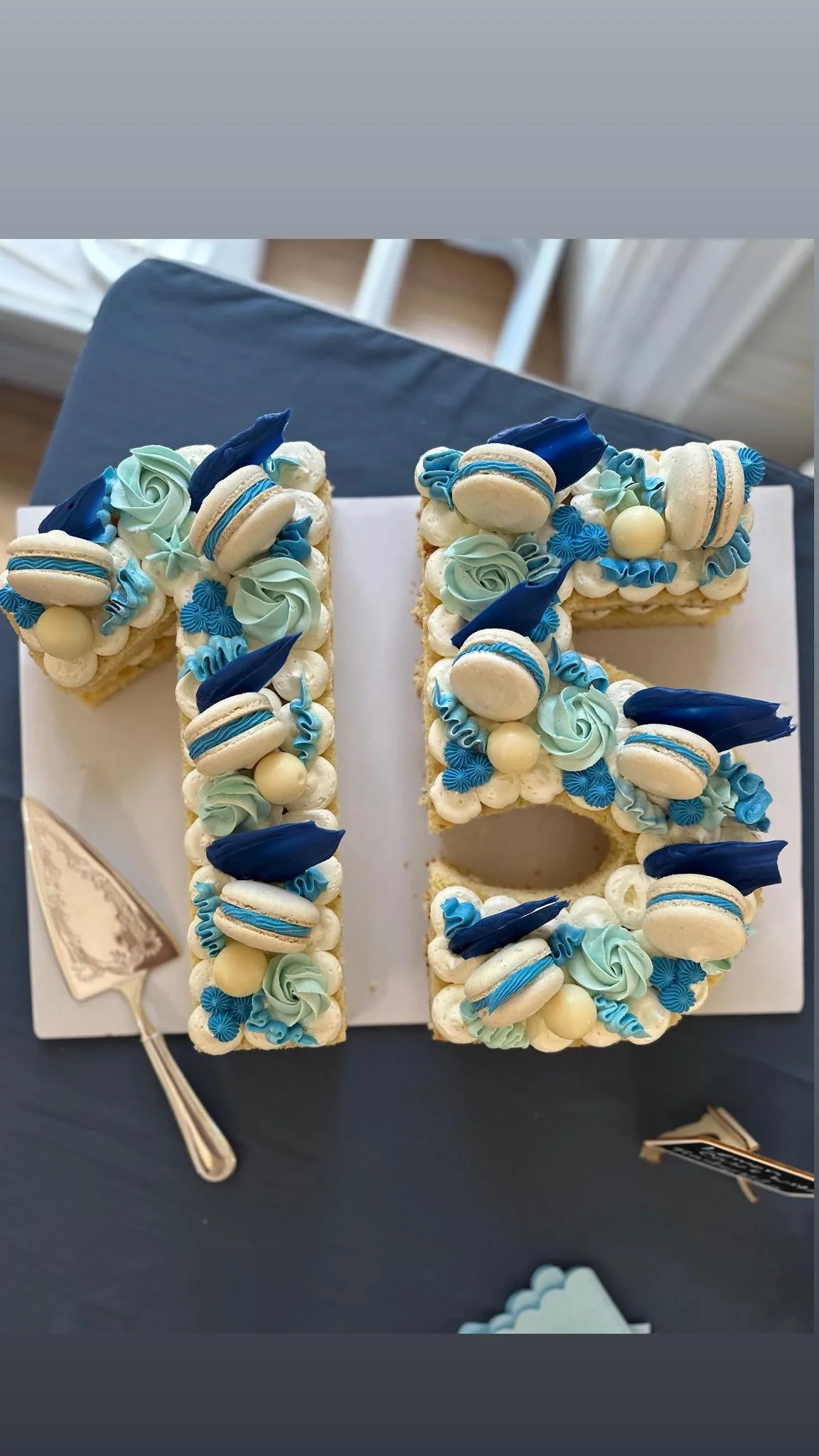Number cake decorated with blue and white frosting, macarons, and edible decorations.