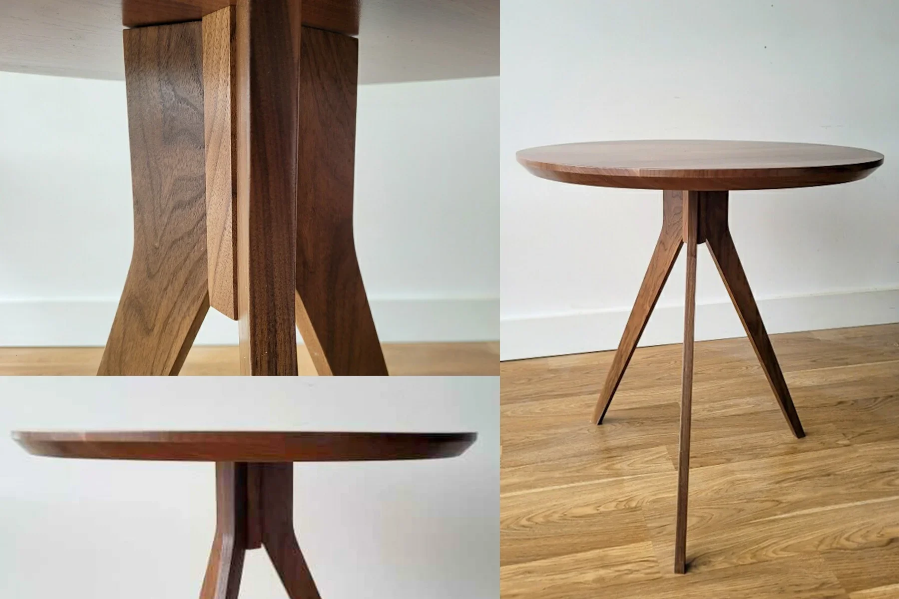 A wooden side table with three angled legs and a rounded top, shown from two angles.