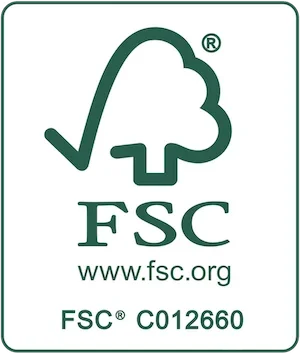FSC certification logo with a checkmark, a tree, and the text 'FSC' and the website 'www.fsc.org'.