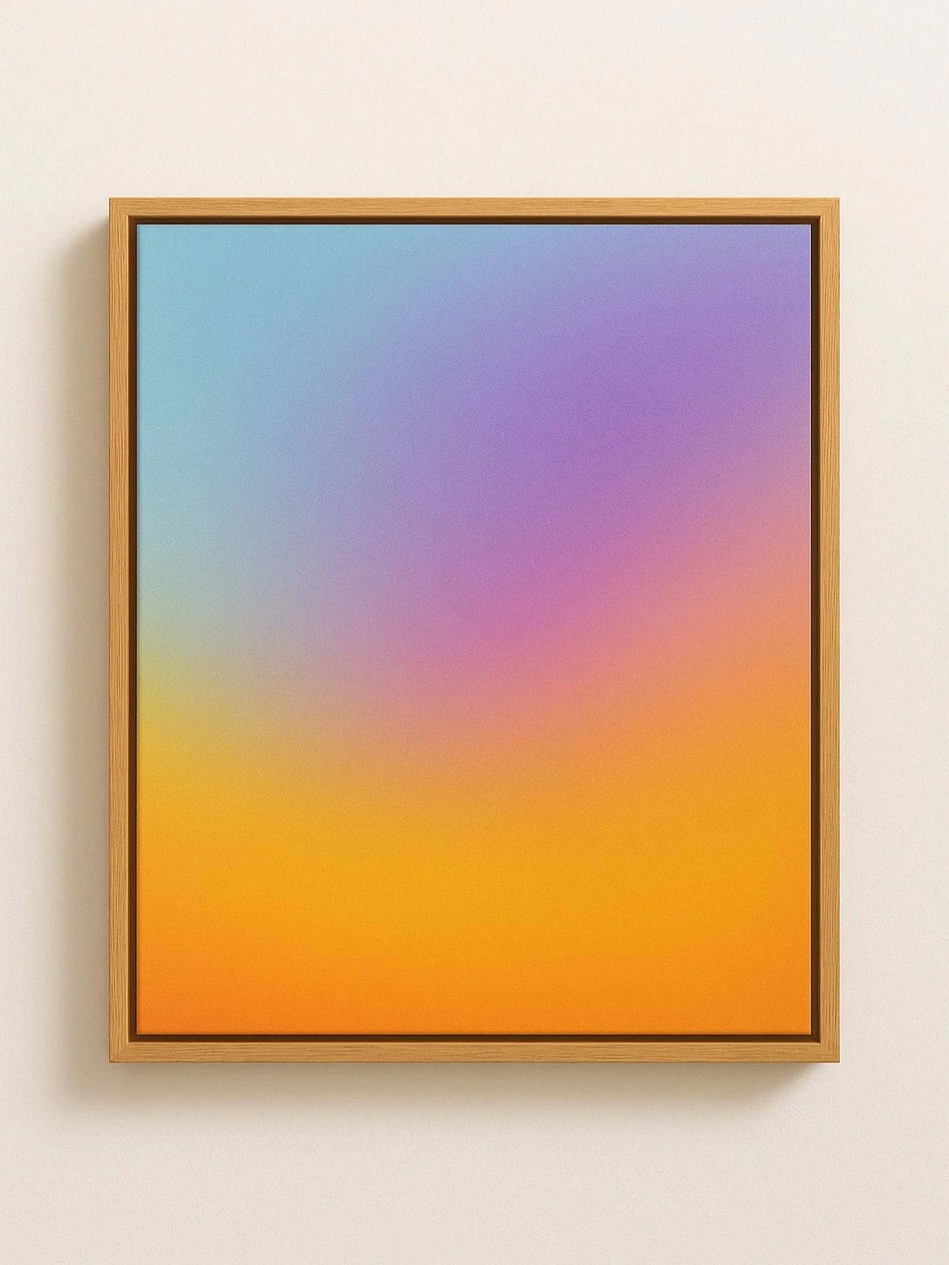 A vibrant blend of turquoise, violet, and deep orange coming together in a soft, luminous gradient. This piece plays with warmth and coolness, creating a quiet tension that feels both uplifting and calm. An exploration of how simple color transitions