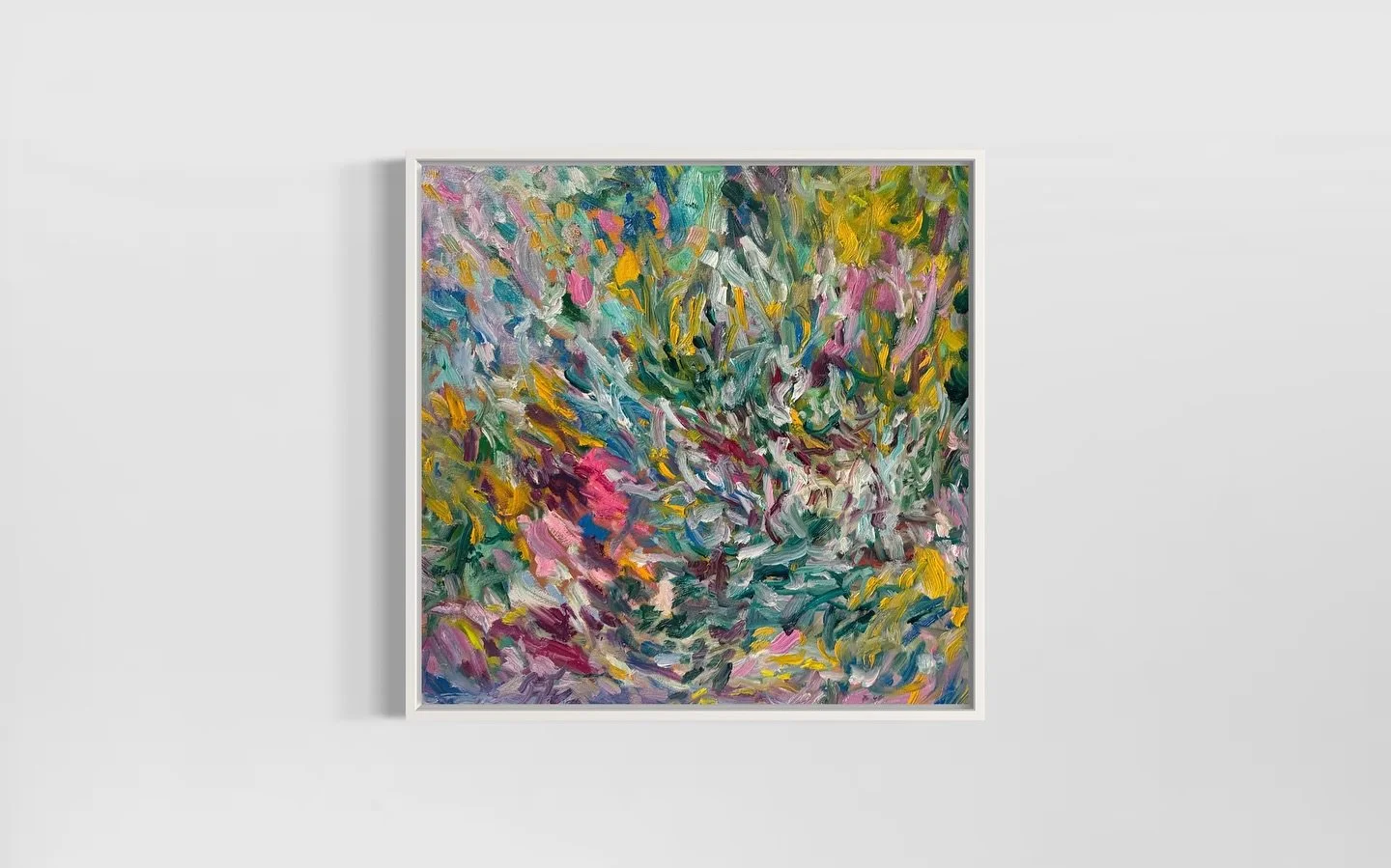This painting explores the tension between gesture and atmosphere, where layered brushstrokes create a vibrating field of color. The composition resists a fixed focal point, inviting the viewer to engage with movement, rhythm, and the relational qual