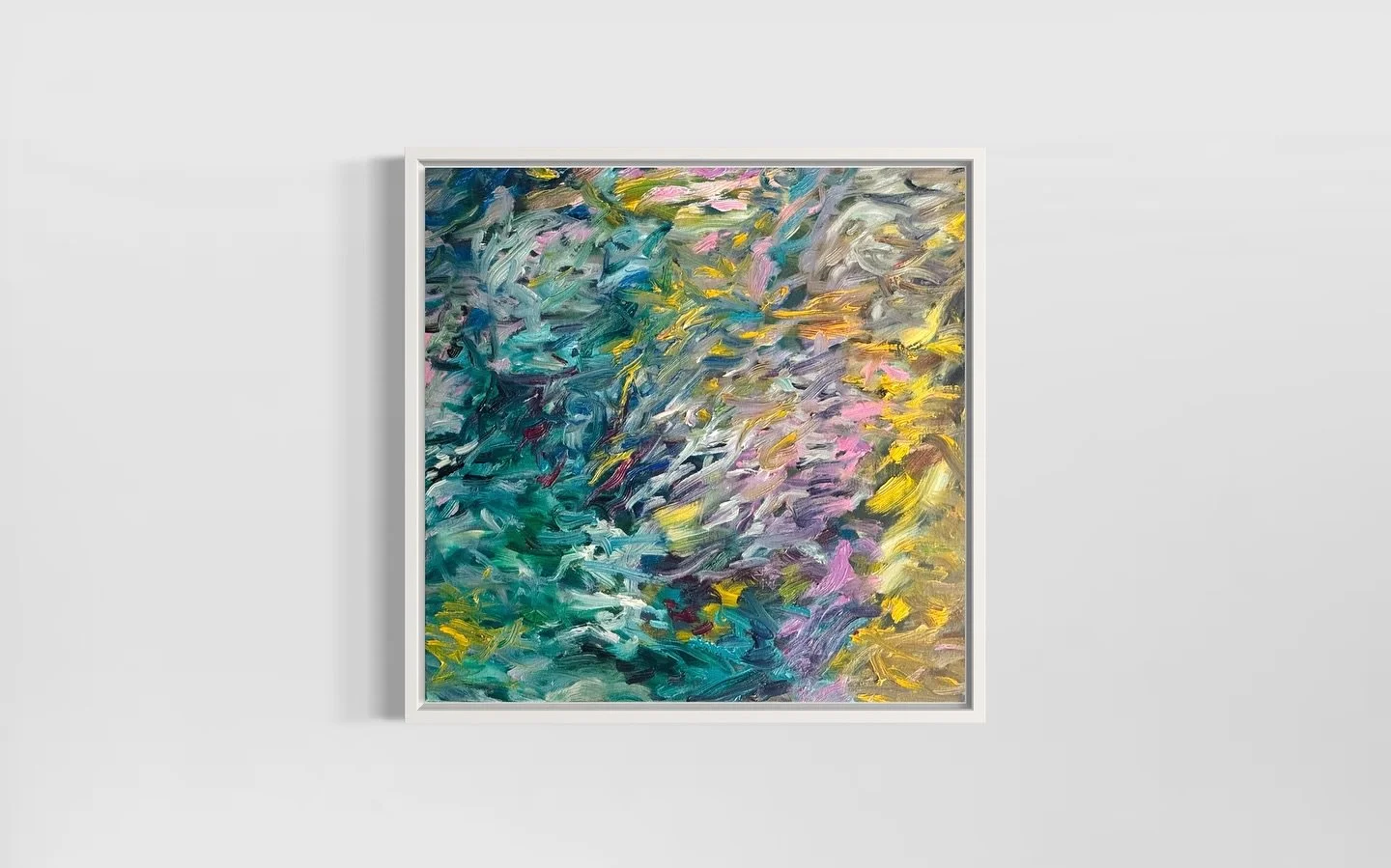 Movement, rhythm, and light unfold through painterly gestures where the brushstrokes remain open and tactile. This work explores the meeting point of colors in transition, shifting from deep greens to warm yellows, pinks, and violets. A landscape in 
