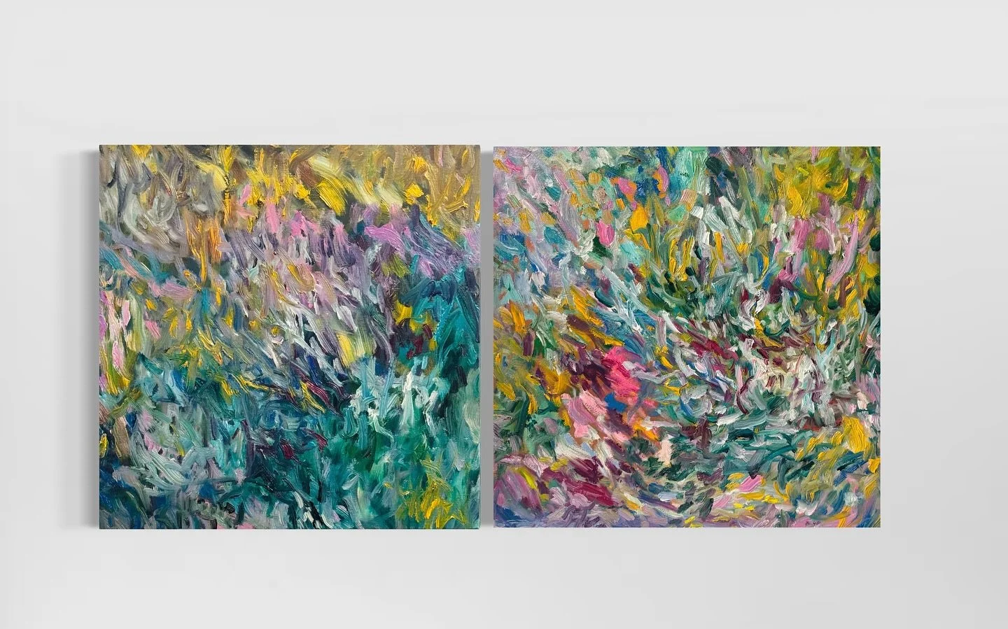 Two canvases, painted as a dialogue of movement and color. Layers of brushstrokes create shifting rhythms where energy and stillness coexist. The work explores how painting can hold both intensity and subtle transitions within the same surface.

Oil 