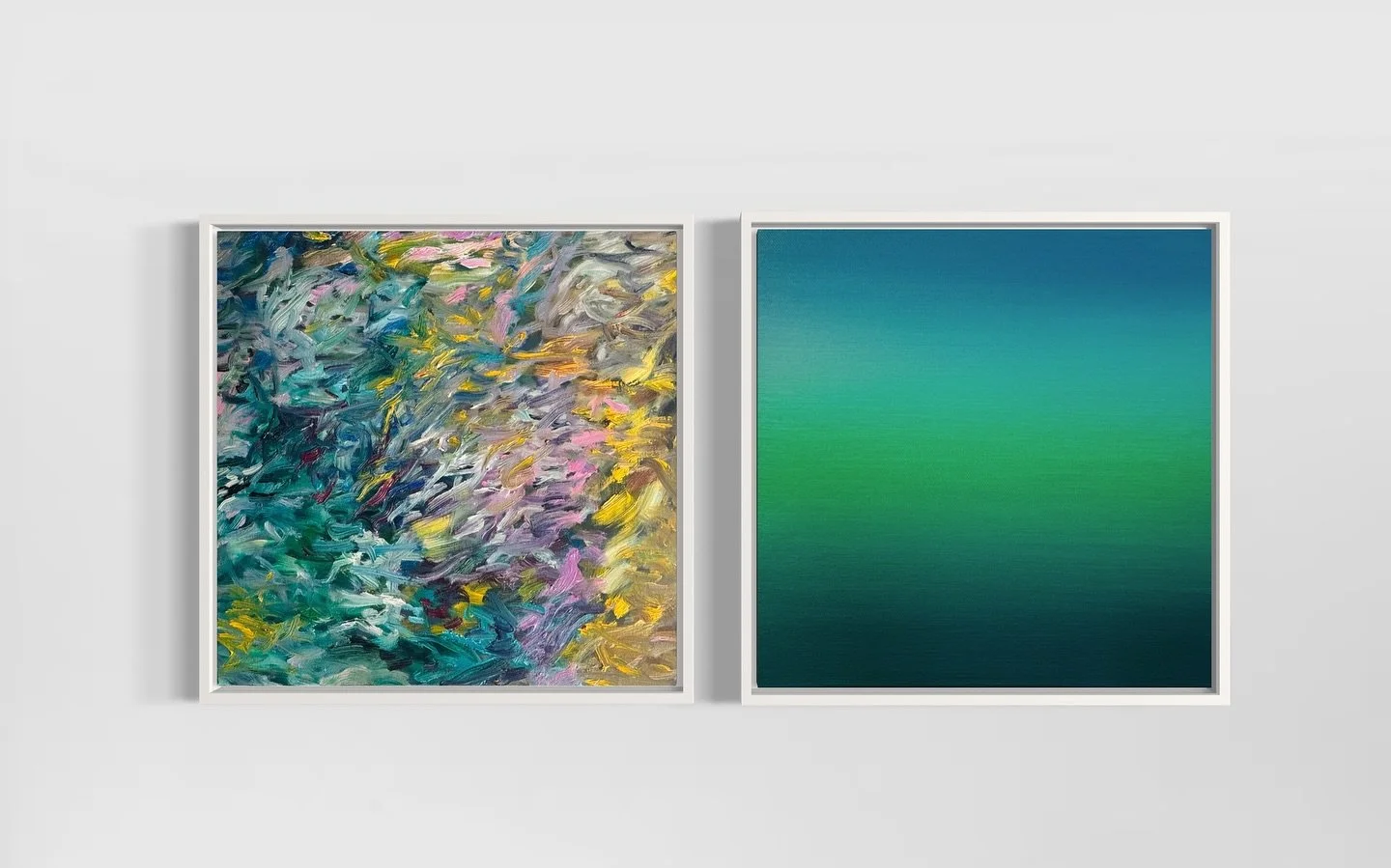 Two paintings in dialogue: one composed of expressive brushstrokes, the other of a meditative gradient. Together they explore the tension between movement and stillness, intuition and precision.

Oil and acrylic on canvas, 50 &times; 50 cm each, 2025