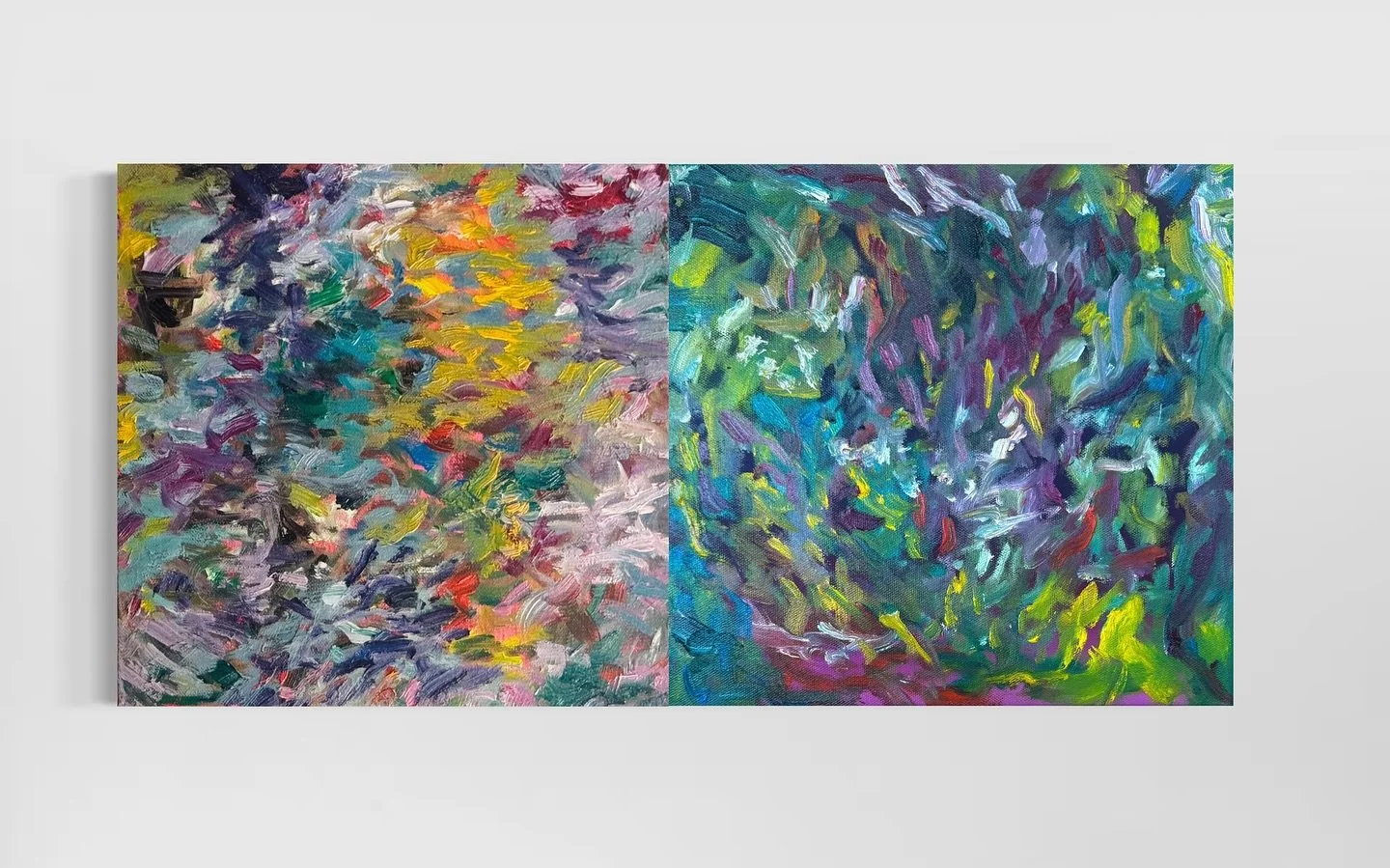 Exploring rhythm, movement, and the energy of color. These two canvases reflect shifting states of light and perception, where brushstrokes overlap and dissolve into one another, inviting the viewer to pause within the intensity of transition.

⸻

Ha