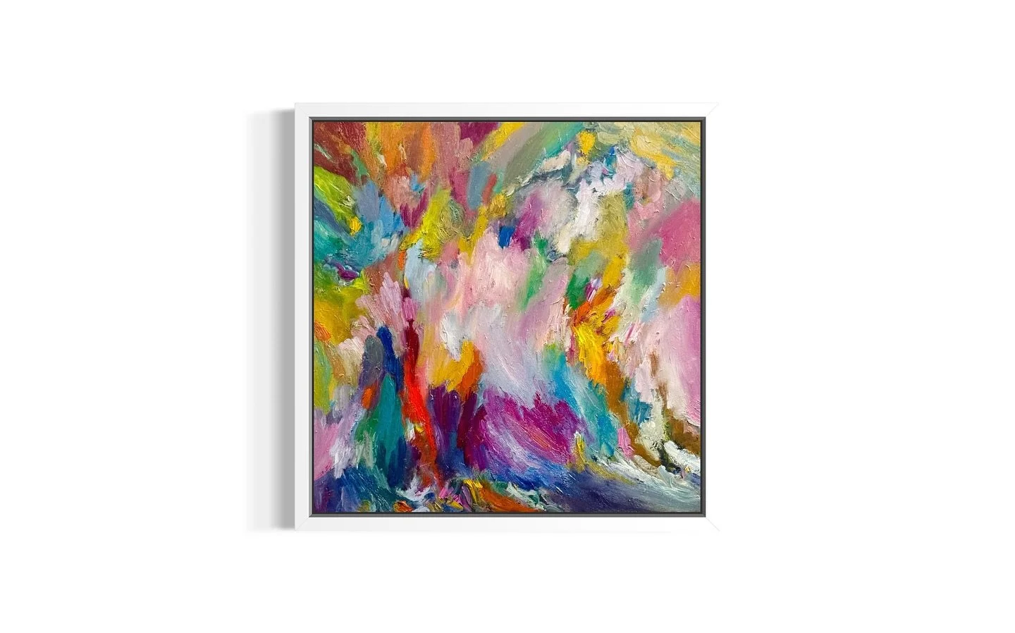⸻

Where colors collide
An abstract moment of movement and light &mdash; layers of pink, turquoise, yellow, and violet blending like shifting weather. A painting about transformation, emotion, and the energy within stillness.

50x50cm, oil on canvas,