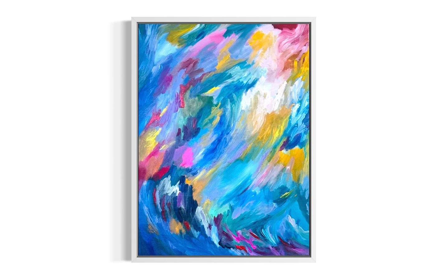 A burst of movement, light, and shifting color.
This painting grew from a sense of energy that refuses to stand still -strokes that blend, collide, and dissolve into one another like water, weather, and emotion in constant motion.

Vibrant blues meet