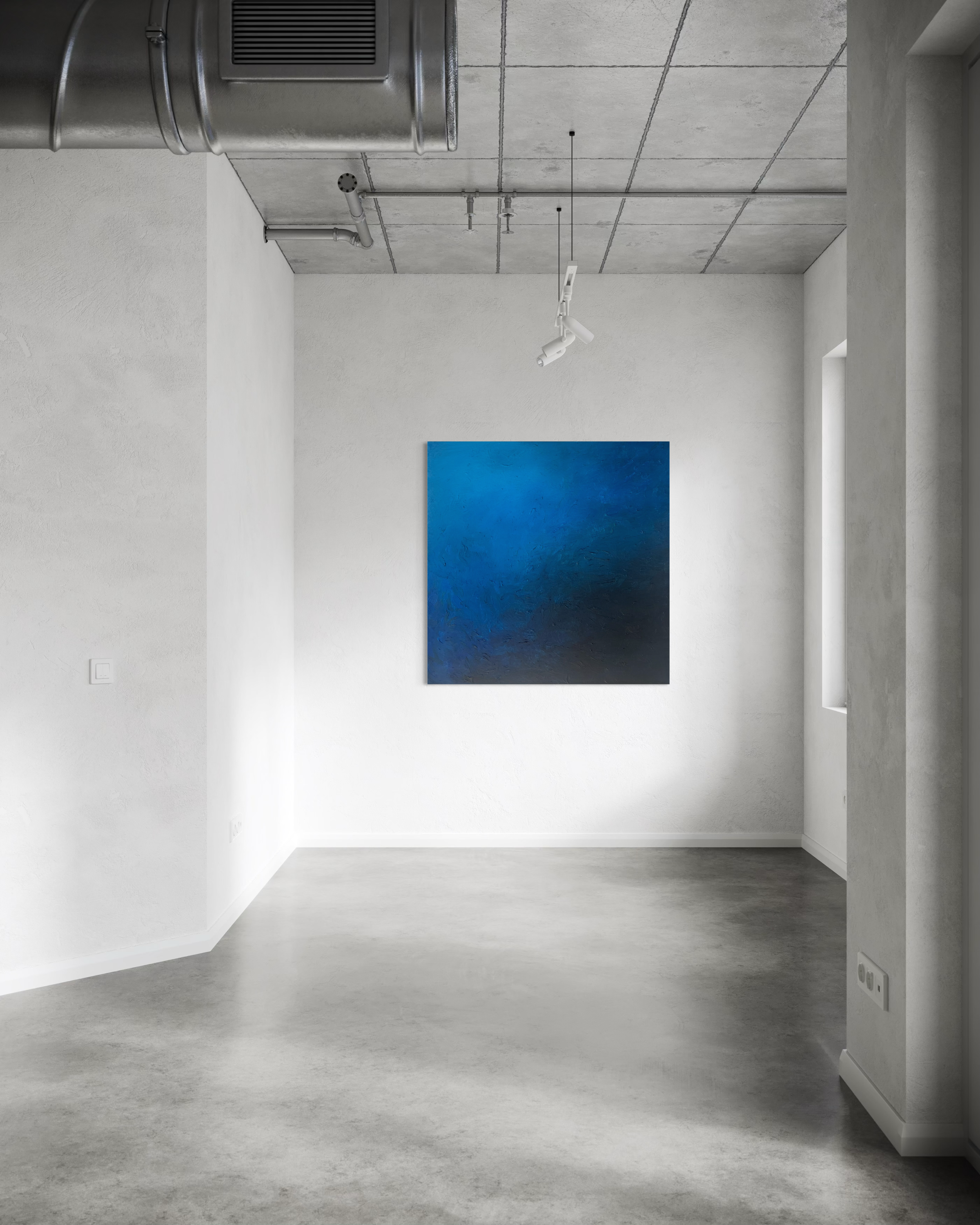Minimalist interior room with gray polished concrete floors, white walls, a large blue abstract painting on the wall, a square window with bright natural light, and ceiling-mounted track lighting with adjustable white spotlights.