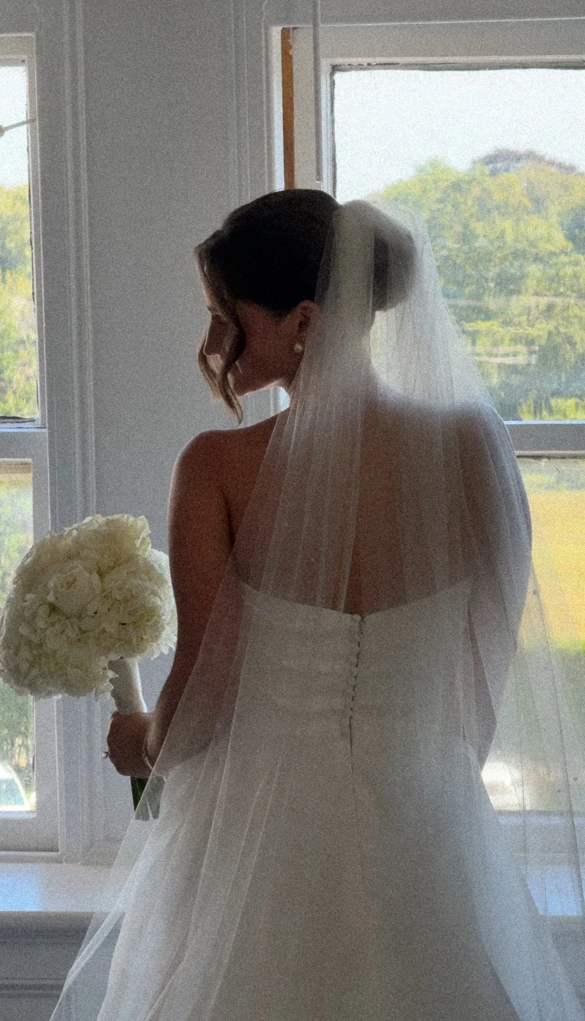 Bride veil pearl earrings window light wedding morning details Vogel Wedding Content OceanCliff Newport