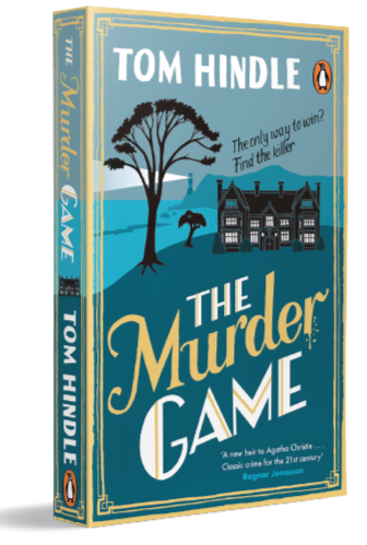 Book cover of "The Murder Game" by Tom Hindle, featuring a large tree, a dog, and a mansion, with a light blue background and black and white illustrations.