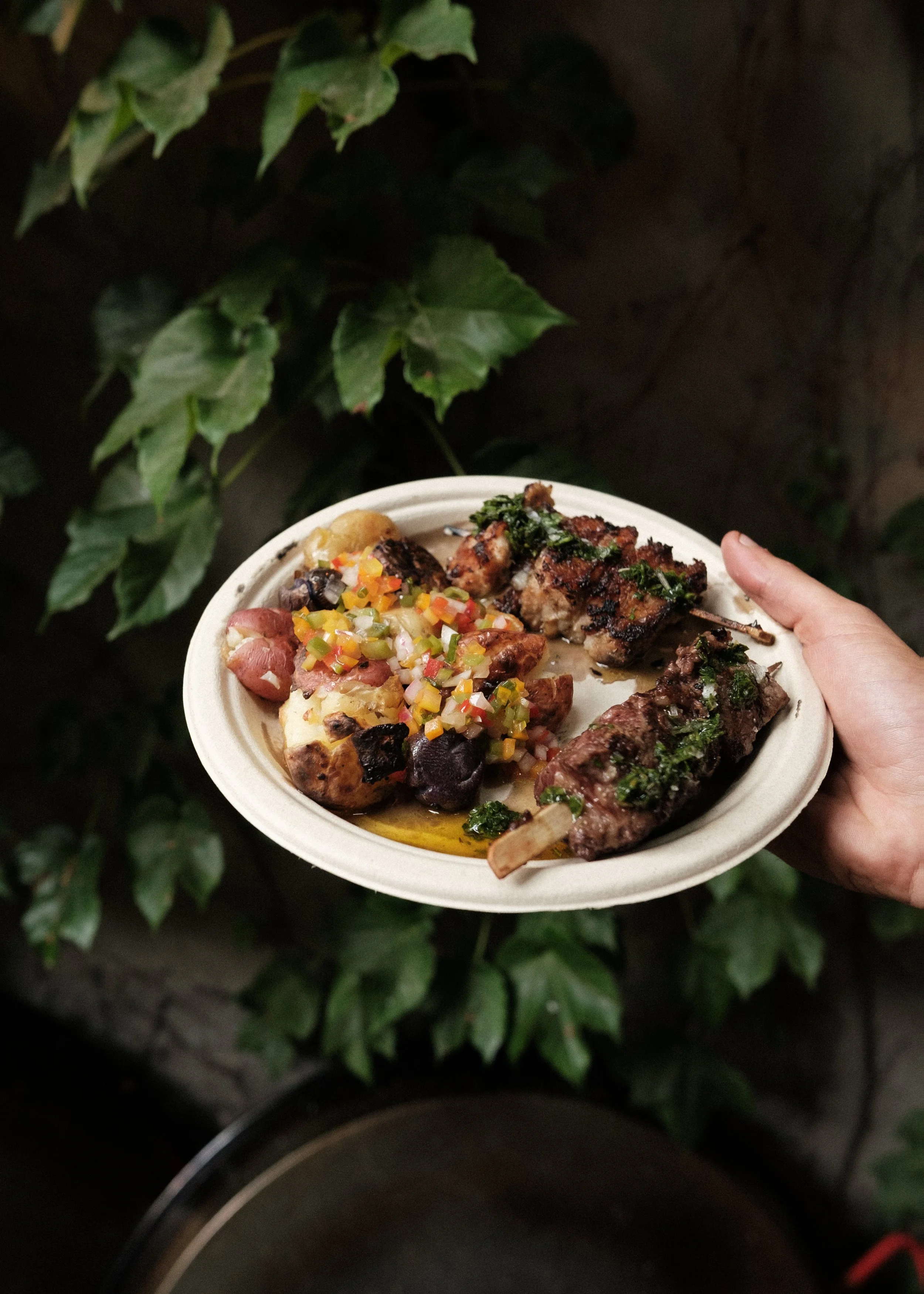 A hand holding a disposable plate with grilled meat skewers, roasted potatoes topped with a vegetable garnish, and another grilled item, set against a background of ivy leaves.