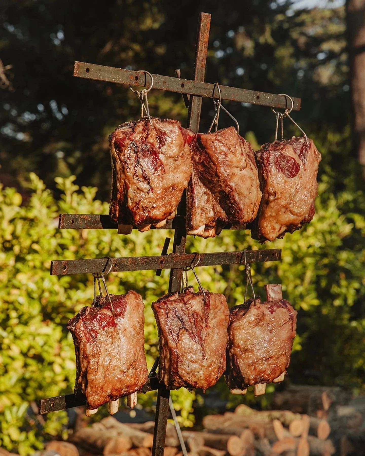 Six large pieces of grilled meat hanging from a metal rack outdoors with a forest background.