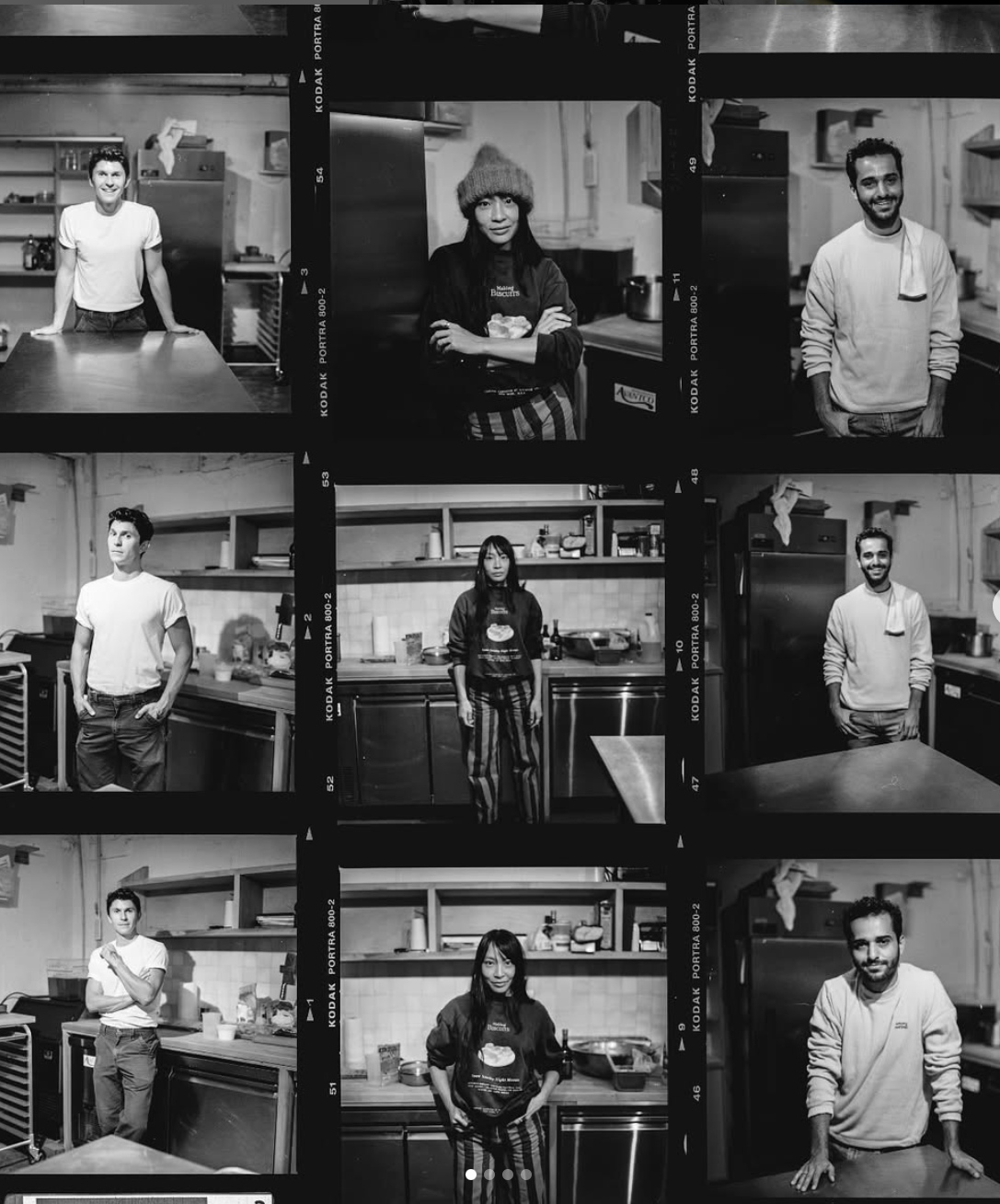 Collage of nine black and white photos of diverse individuals in a kitchen, some standing alone and some posing, with shelves, appliances, and kitchenware in the background.