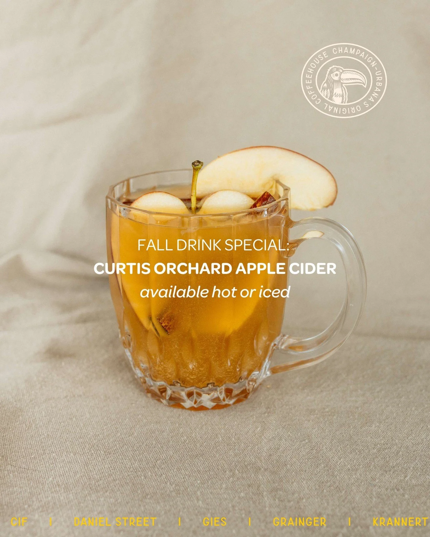 A seasonal favorite has arrived, Curtis Orchard Apple Cider, made right here in Central Illinois!

Enjoy it hot and cozy or iced and slushy: the perfect fall sip no matter the weather.

Available now at all 8 Espresso Royale locations across Champaig