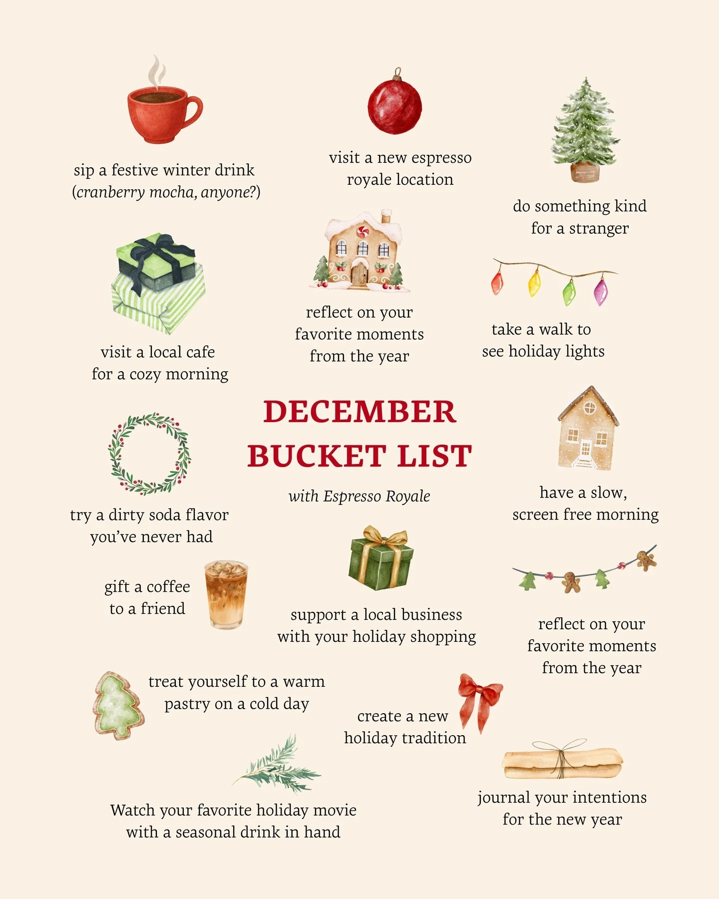 Your December Bucket List is here!

As we settle into the coziest month of the year, we&rsquo;re making space for slow moments, warm drinks, and simple joys... the kind that make winter feel a little more magical.

Whether it&rsquo;s sipping a season