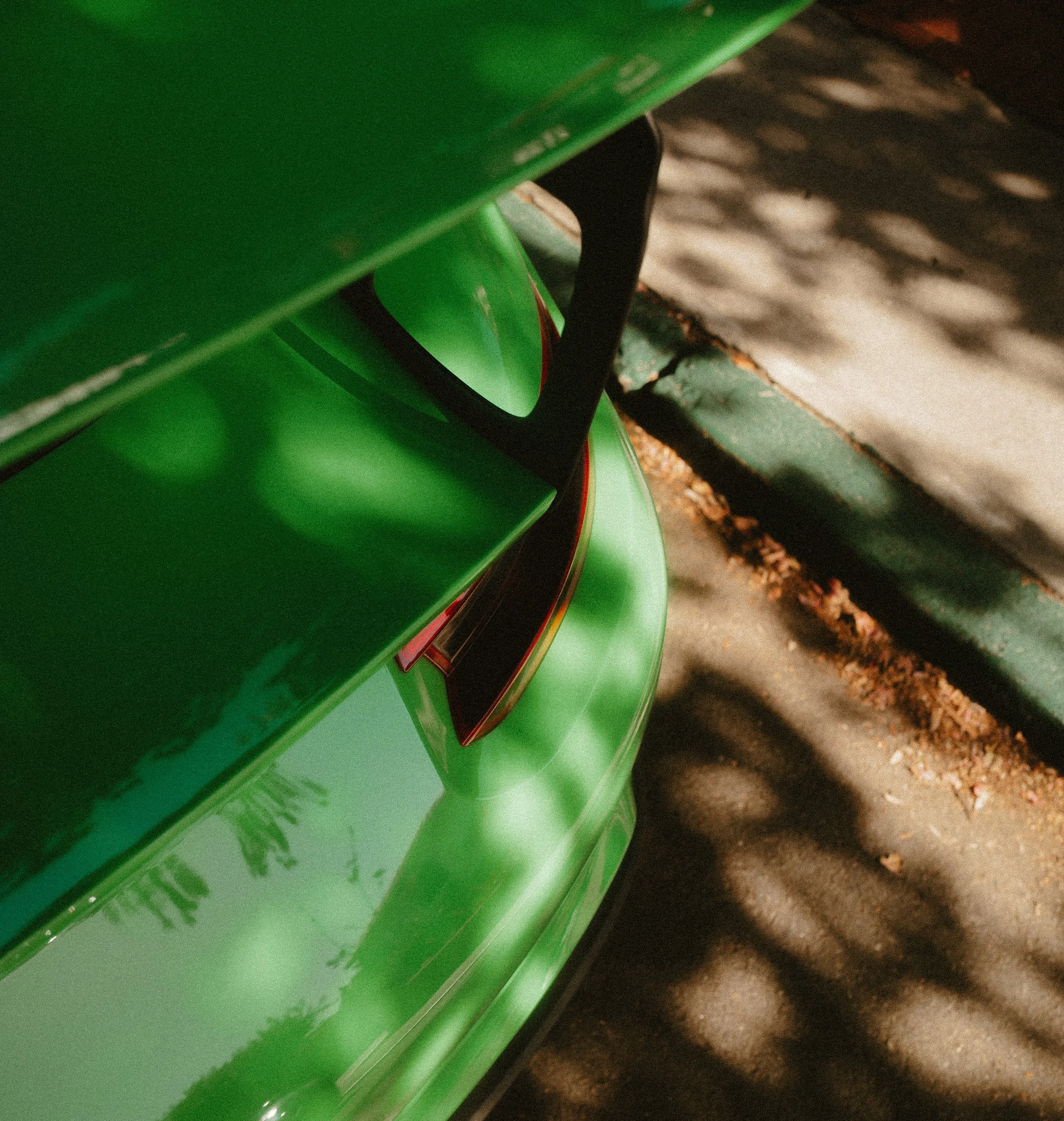 Close-up of the rear end of a shiny green car parked on a pavement with shadows and fallen leaves.