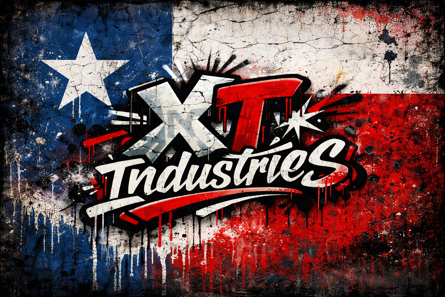 Graffiti-style artwork featuring the words 'TX Industries' superimposed on a background of the Texas flag with splatters and paint drips.