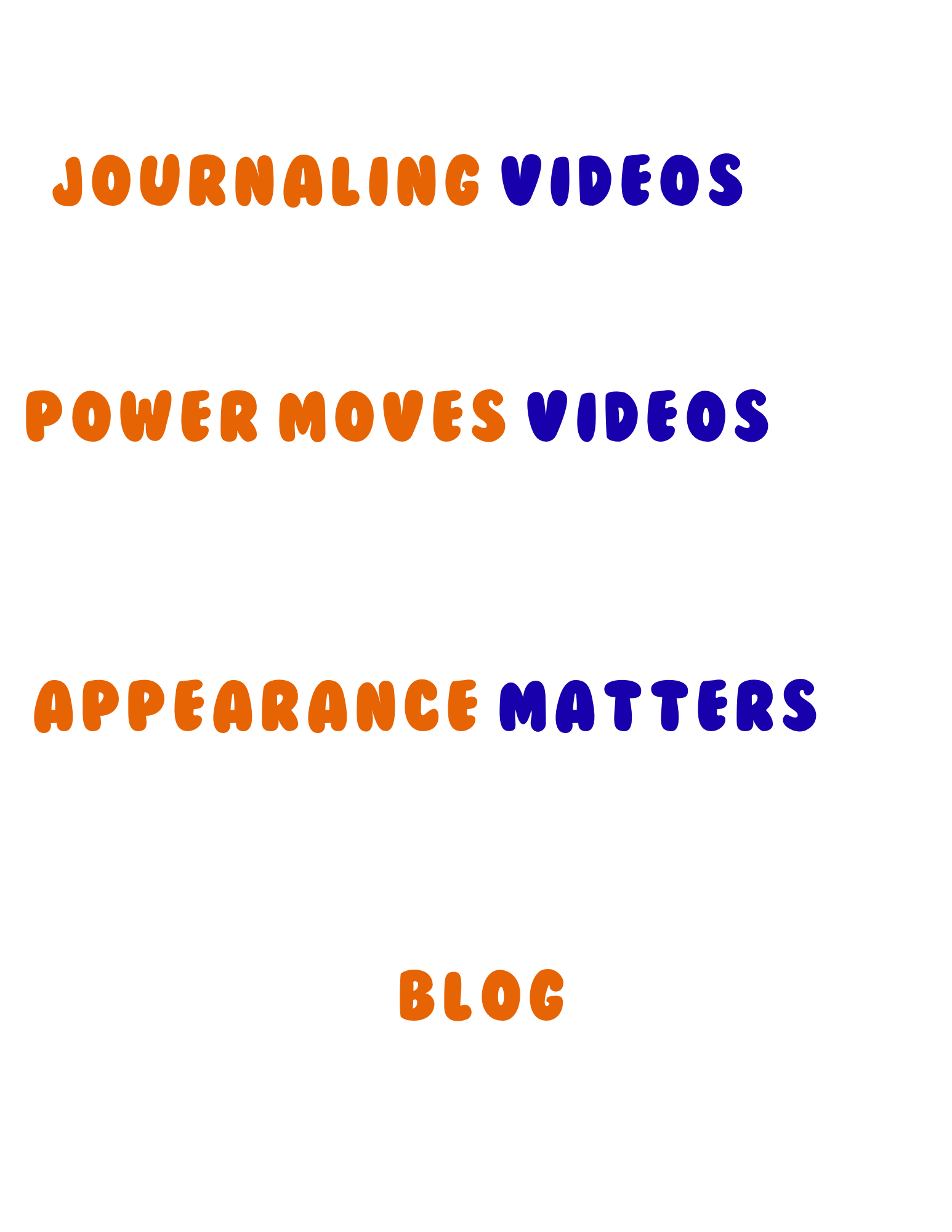 A colorful, playful digital graphic listing the blog categories in bold, rounded font: 'Journaling Videos,' 'Power Moves Videos,' 'Appearance Matters,' and 'Blog.'