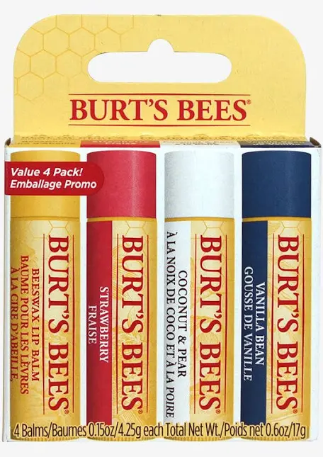 A pack of four Burt's Bees chapsticks in a plastic container. The chapsticks are flavored: pomegranate, strawberry, coconut & pear, vanilla bean, with different colored caps for each flavor.