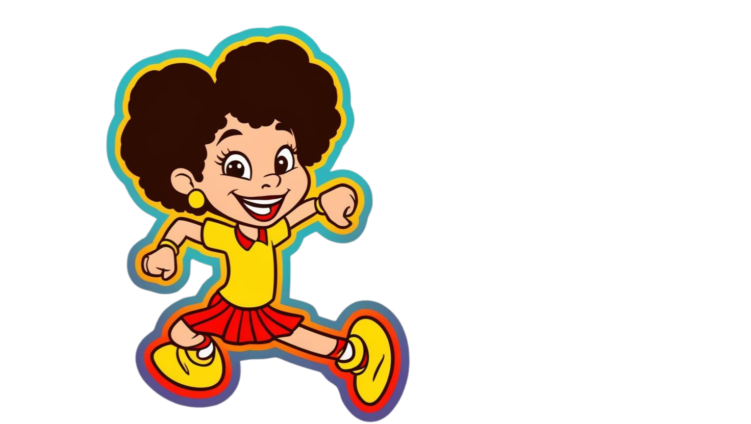 Cartoon girl with curly hair, wearing yellow top, red skirt, yellow shoes, and accessories, smiling and running forward.