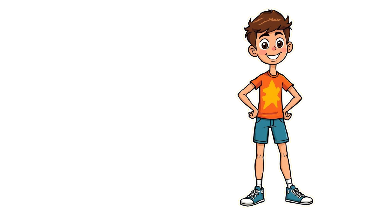 A cartoon boy with brown hair, wearing an orange T-shirt with a yellow star, blue shorts, and sneakers, standing with hands on hips and smiling.