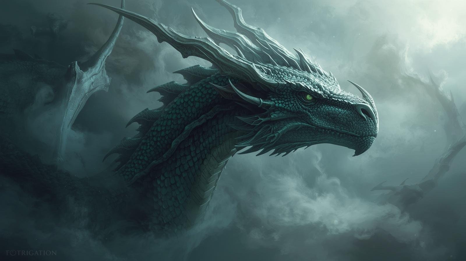 A detailed illustration of a dragon with green eyes and dark green scales, surrounded by misty clouds and a foggy landscape.