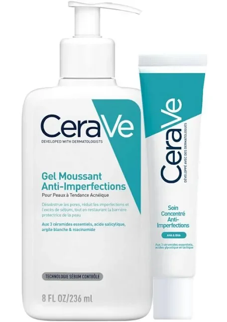 CeraVe skincare products, including a large bottle of Gel Moussant Anti-Imperfections and a smaller tube of Soin Concentré Anti-Imperfections, designed for acne-prone skin.