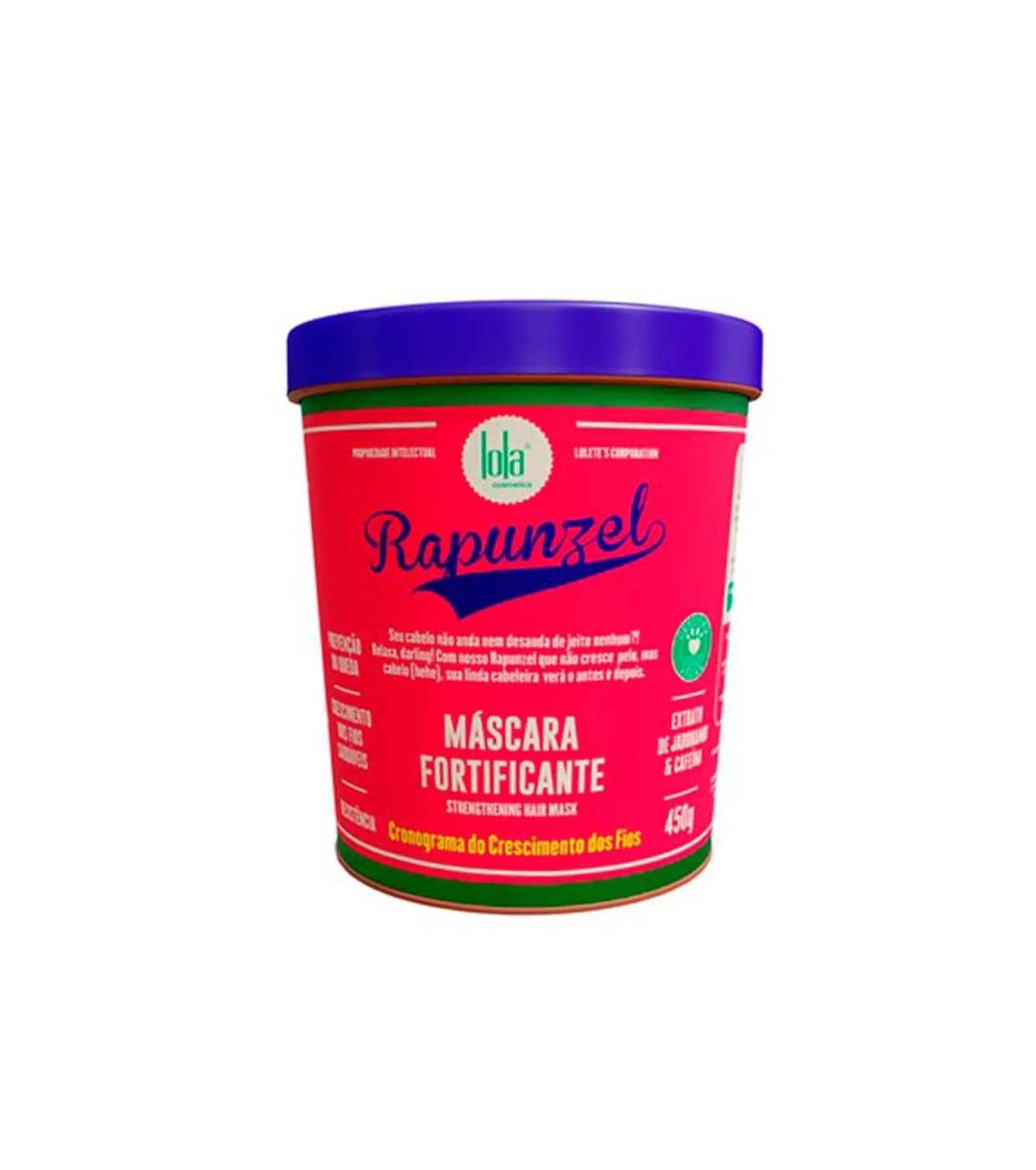 Pink container of Lola Rapunzel Fortifying Hair Mask with purple lid and green accents.