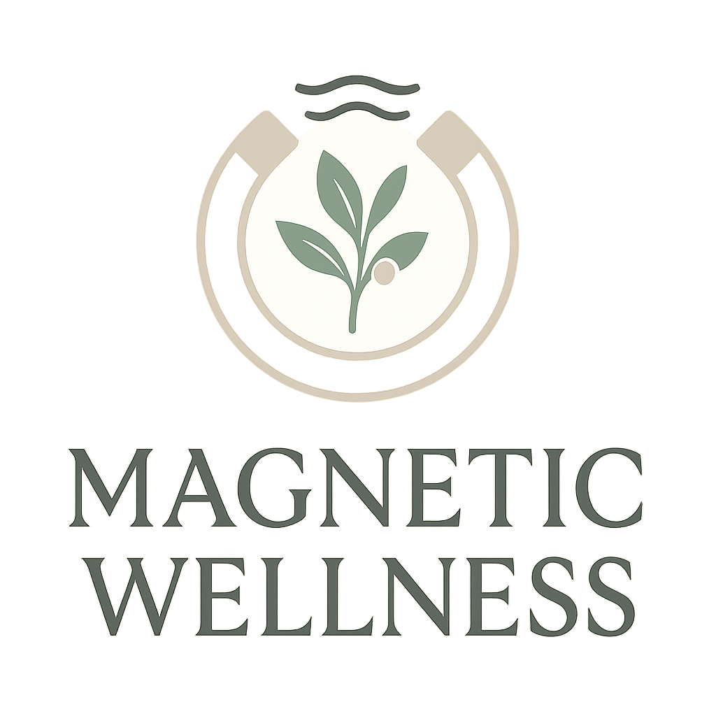 Logo for Magnetic Wellness, located in Summerville, SC,  featuring a stylized green plant inside a circular shape, with the words 'Magnetic Wellness' in large gray capital letters below.