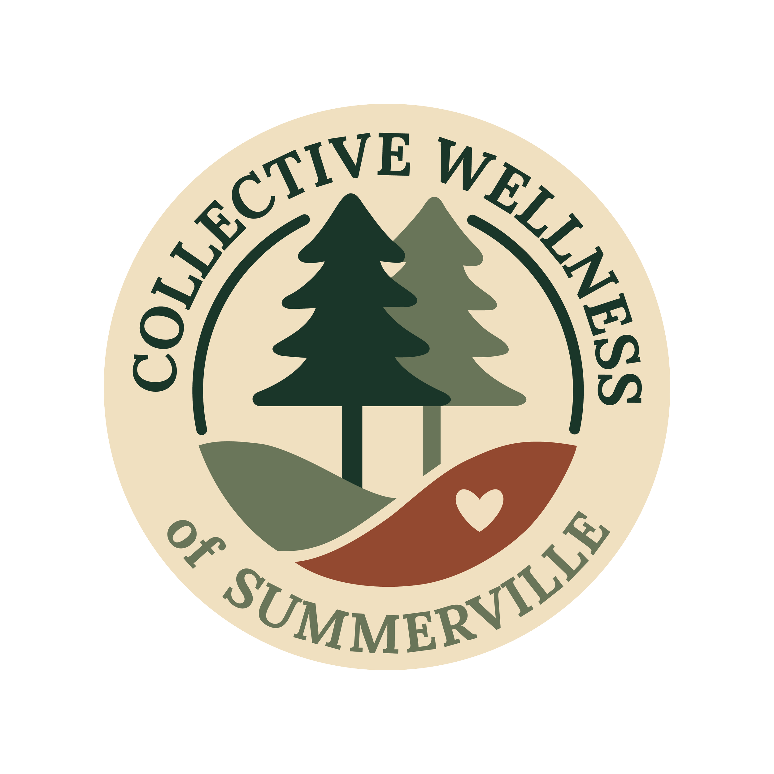 Seal with two pine trees, a hill, and a leaf with a heart, and text around it reading 'Collective Wellness of Summerville'.