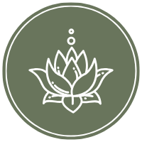 A white line drawing of a lotus flower with a candle on top, centered inside a gray-green circular background.