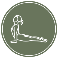 Line drawing of a person performing a yoga pose on a mat, lying face down with arms extended forward and legs straight.
