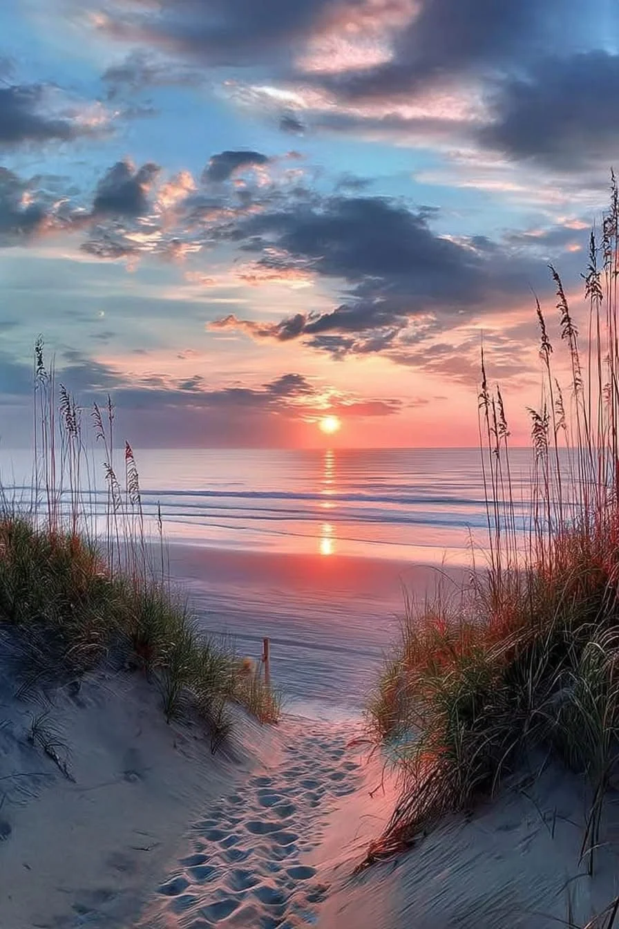 Sunset over a beach with beach pathway down