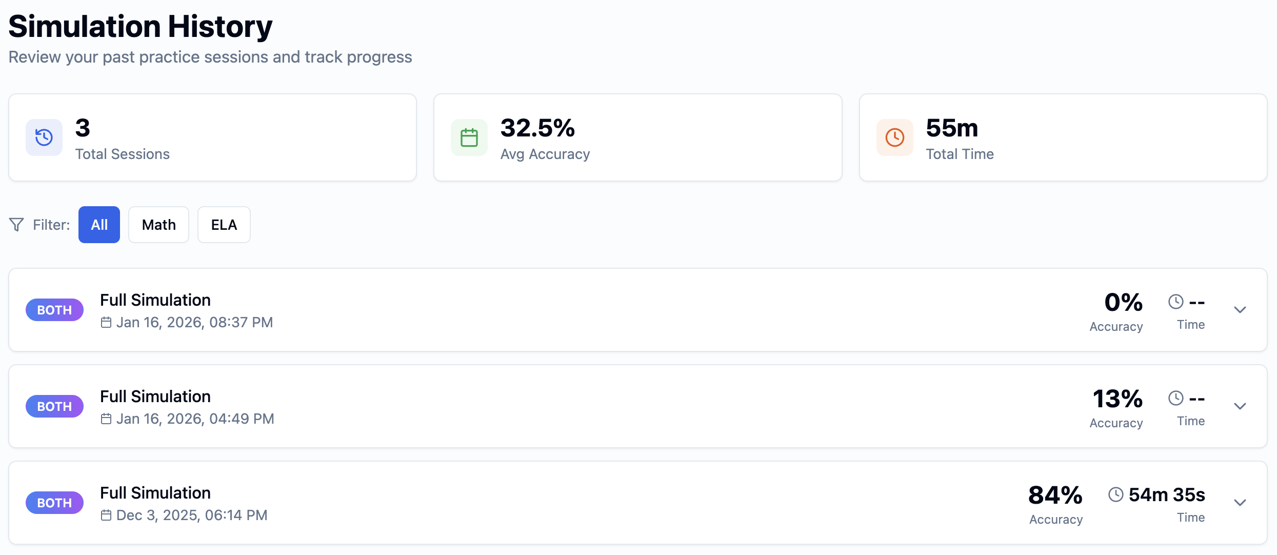 A screenshot of the SHSAT Simulator platform