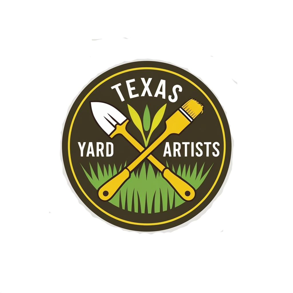 Texas Yard Artists logo with crossed gardening tools, a trowel and a paintbrush, over grass with a small plant, and the words 'Texas Yard Artists'.