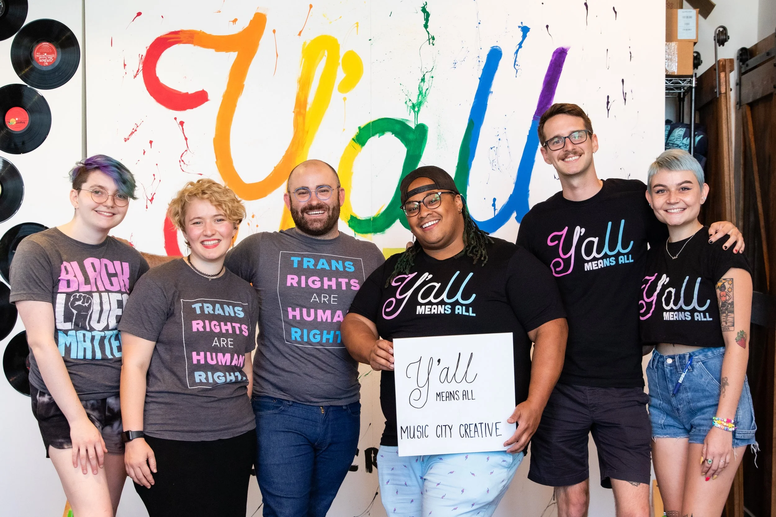 Music City Creative employees wearing t-shirts supporting Transgender rights for International Trans Day of Visibility.