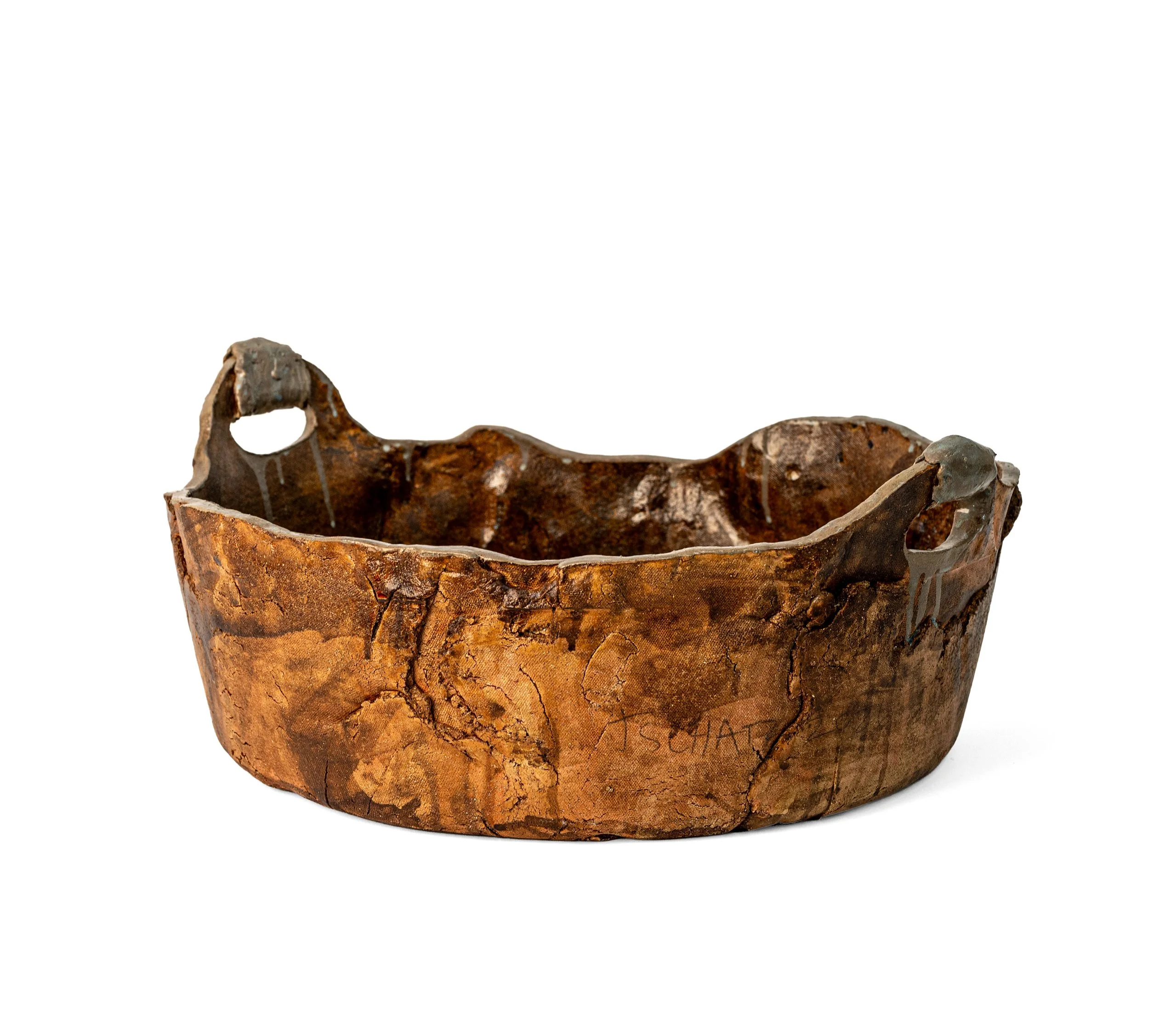 Detail view of Rustic Container 4 by Jim Schatz showing fissured rust glaze surface and looped handle