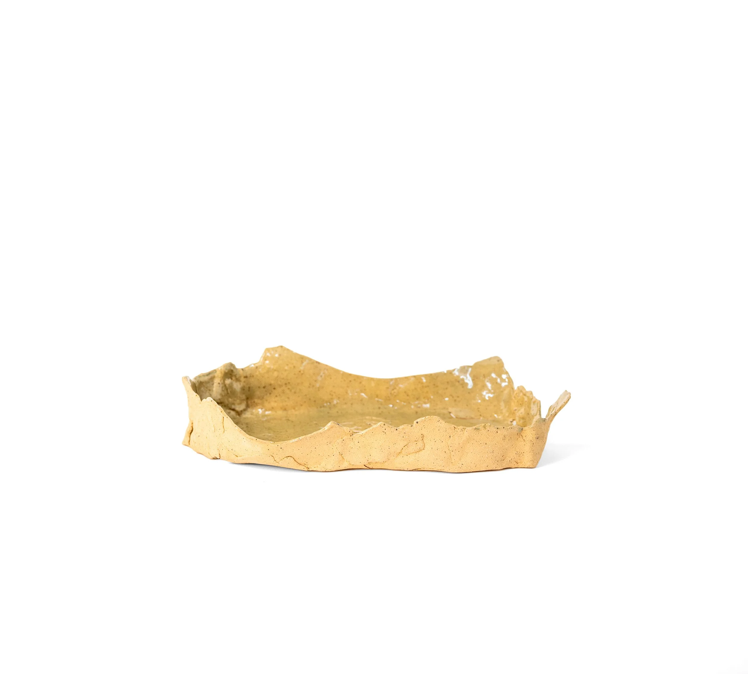 Bowl 2, 2026, slab-built stoneware bowl by Peter Souza Jr. with ochre glazed interior, raw speckled exterior, and torn rim rising in ragged peaks