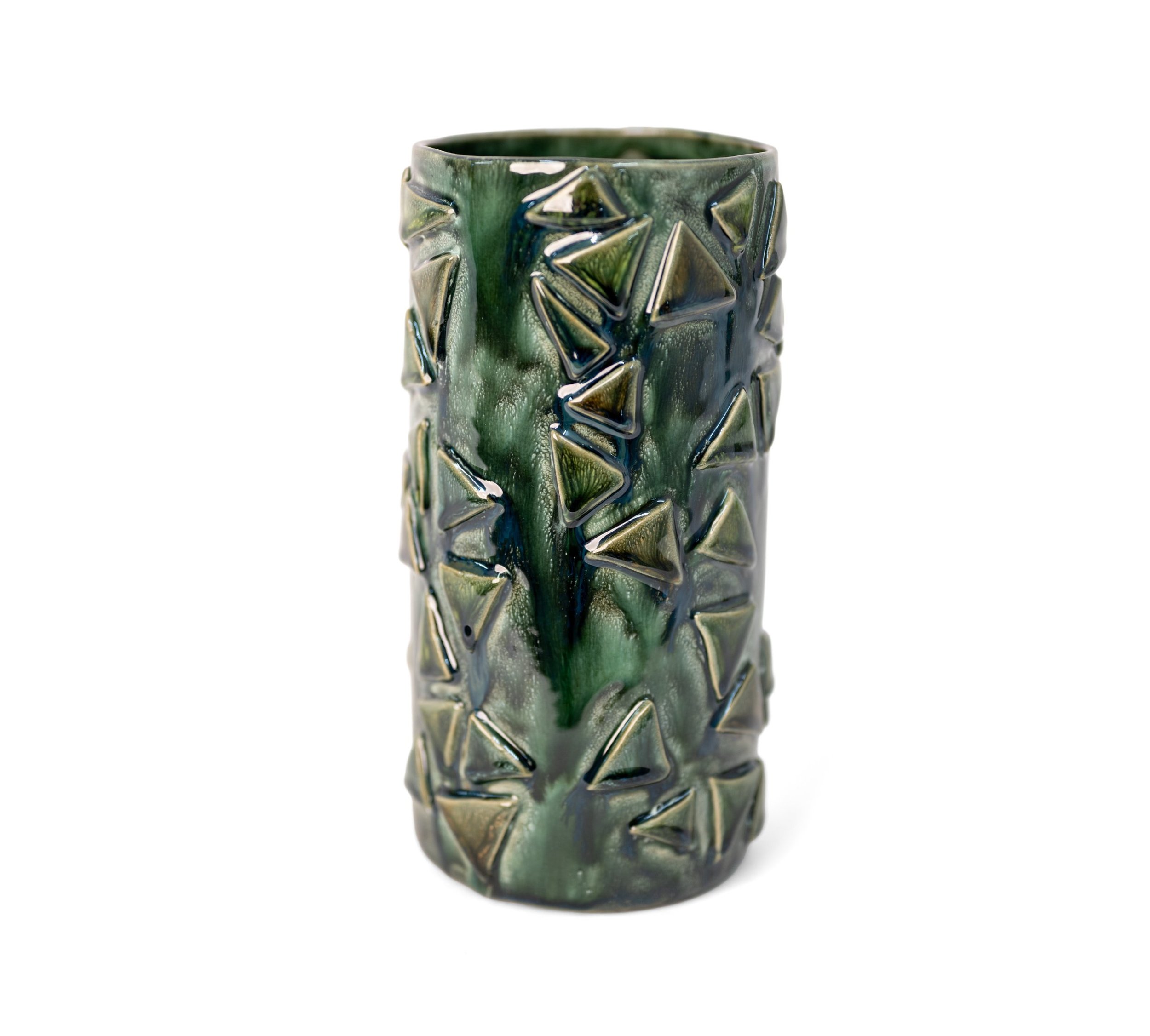 Vessel 7, alternate view of the triangles and glaze runs in deep green glaze, by Peter Souza Jr.