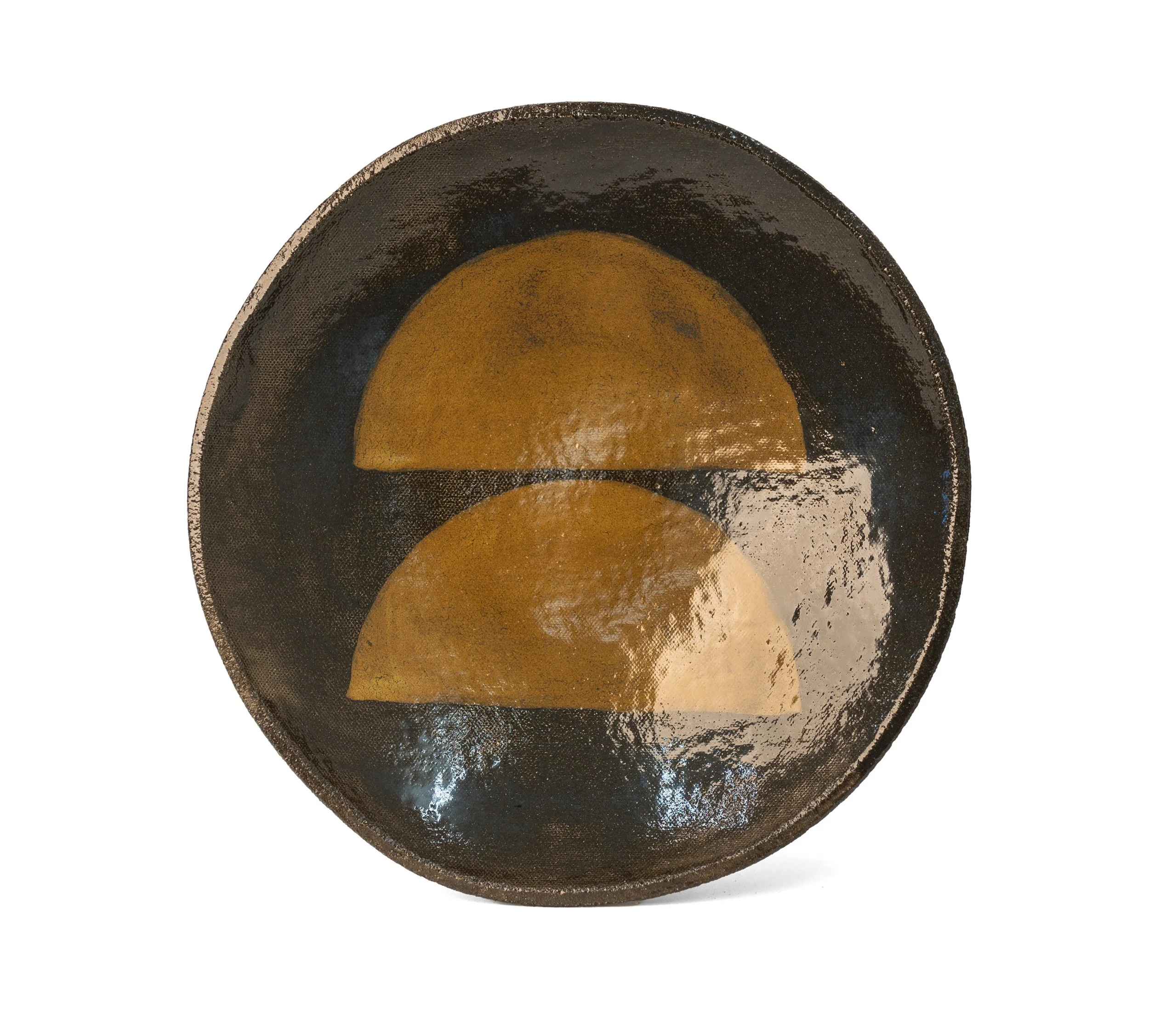 Geometria Bowl, 28 over 12, black stoneware bowl with two ochre half-moons, by Jim Schatz
