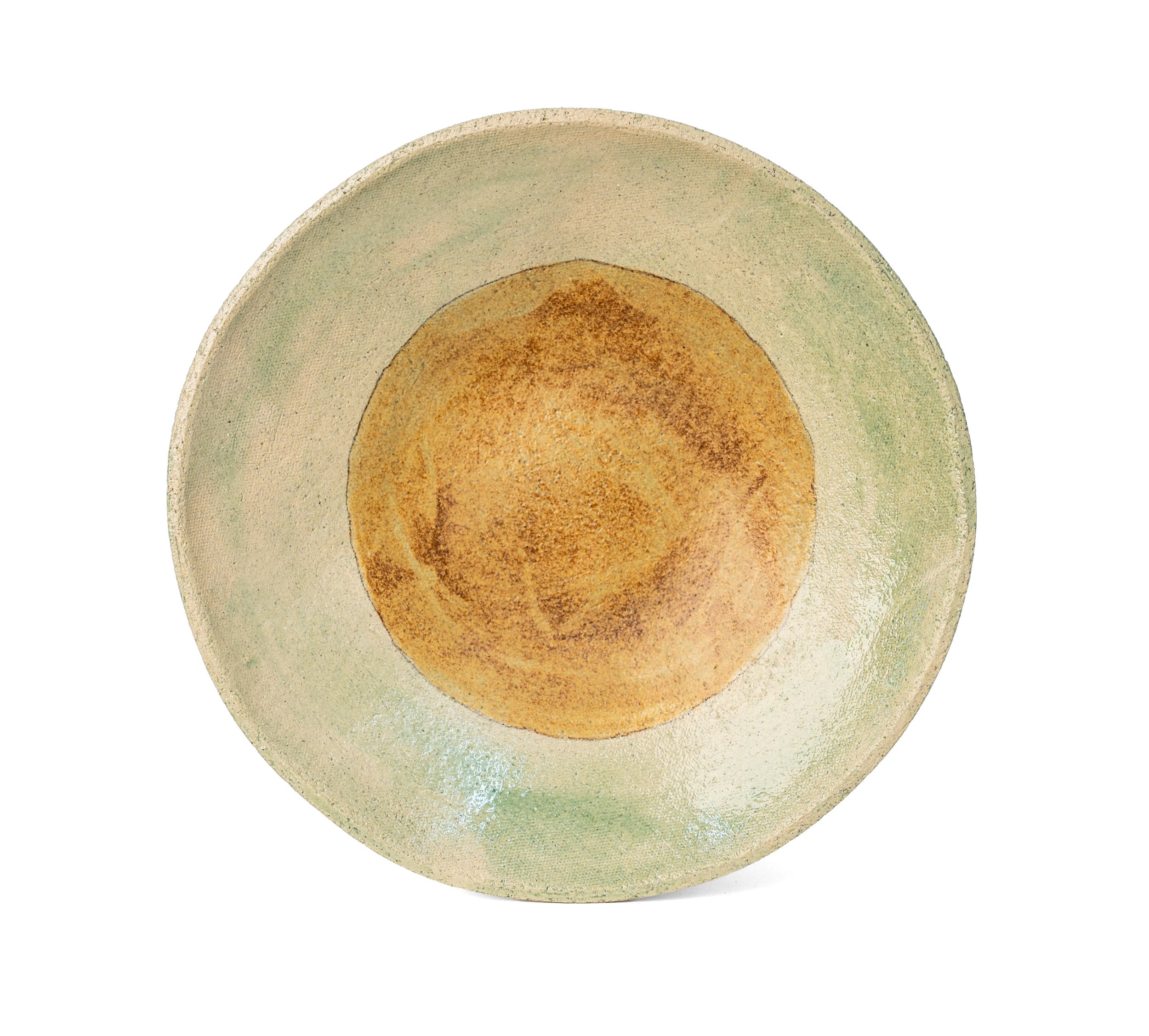 Geometria Bowl, 30 over 40, pale green stoneware bowl with an ochre circle, by Jim Schatz
